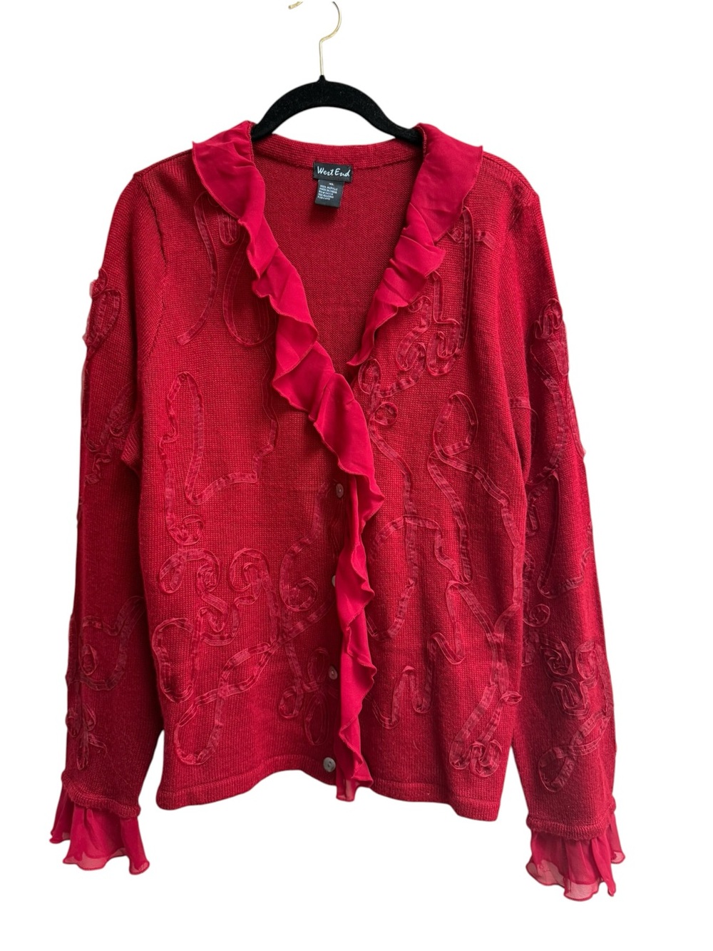West End Red Ruffle Trim Knit Cardigan Sweater Size XL Ribbon Embroidery Vintage